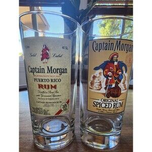 2x Captain Morgan Rum Tall Glass Commemorative Memorabilia Pint Glasses